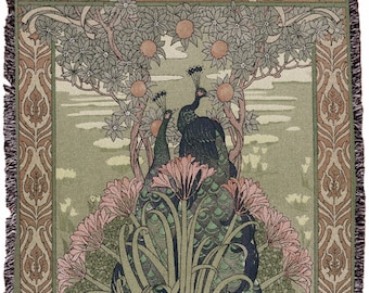 Two Peacocks Woven Blanket, The Peacocks Blanket Art Nouveau Blanket