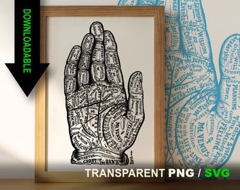 Könnte beinhalten: Ein gerahmter Druck mit einer schwarz-weißen Handlesekarte einer menschlichen Hand mit detaillierten Linien und Textbeschriftungen wie Merkur, Saturn, Jupiter und dem Mond. Der Text lautet Sivartha Chart of the Hand. Ein grüner Pfeil zeigt nach unten.
