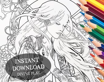 Página para colorear de chica gótica: descarga imprimible de alta calidad, descarga instantánea, tarjeta de tarot en formato JPG para imprimir