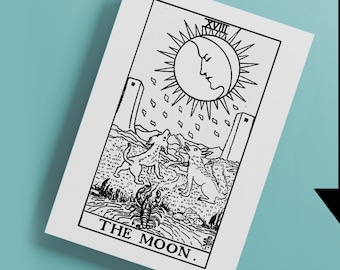 May include: Black and white illustration of the Moon tarot card. The card features a crescent moon with a face, two towers, a dog howling at the moon, and a crab in the water. The text "THE MOON." is at the bottom of the card.