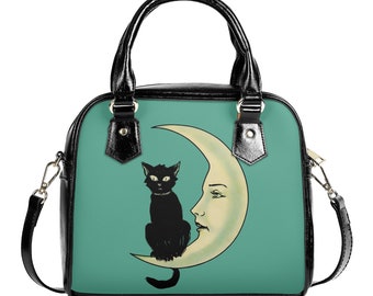 Black Cat Handbag - Vintage Moon - Teal Purse - Witchy Bag - Gothic Alternative Art Handbag