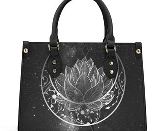 Bolsa Gótica - Couro Vegano - Preto e Cinza - Lua e Lótus - Bolsa Witchy - Bolsa Dark Academia