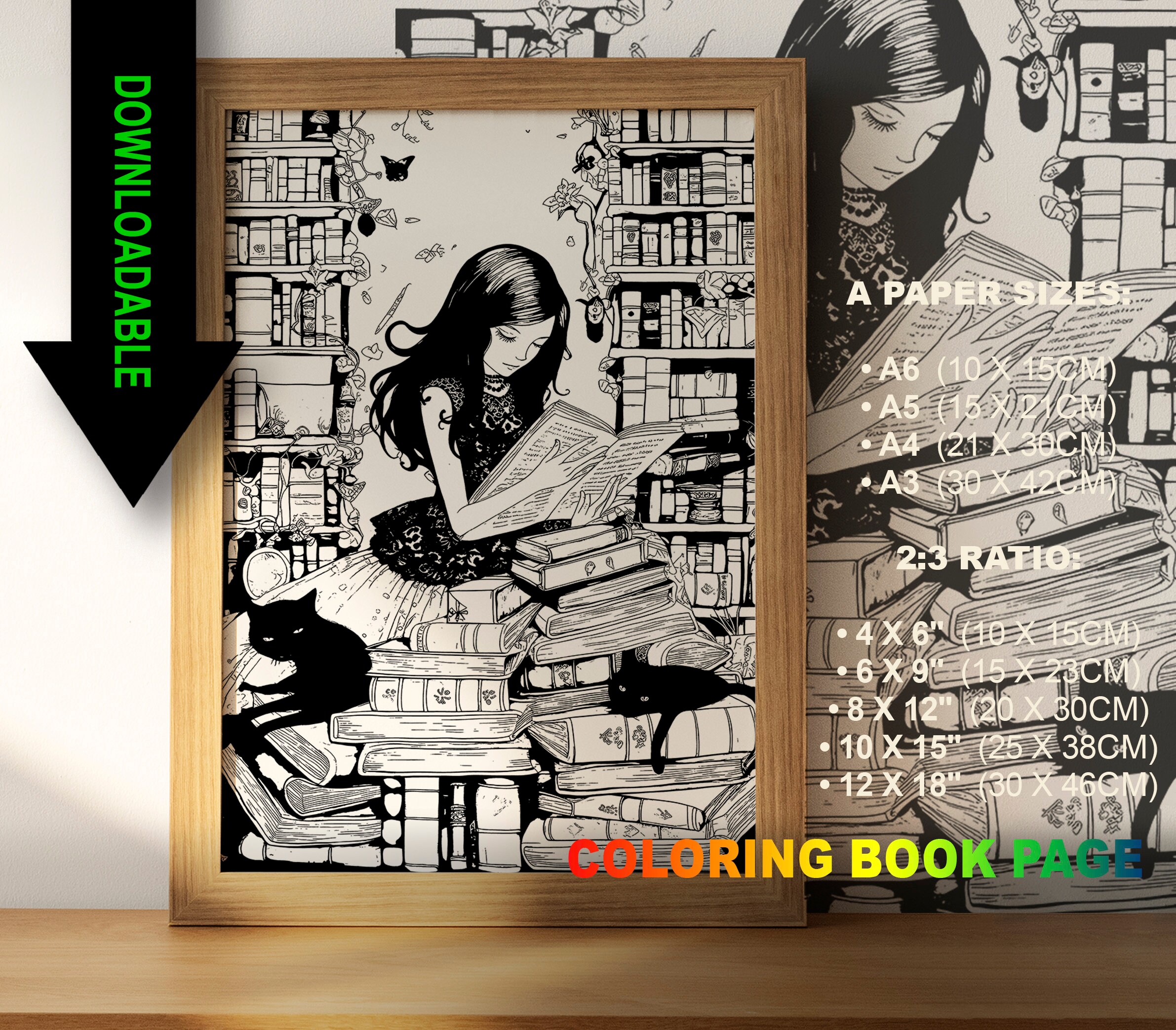 Goth Girl Reading in a Library - Coloring Book Page - Download ...