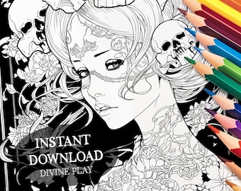 Puede incluir: Ilustración en blanco y negro de una mujer con motivos florales y calaveras, lista para colorear. La imagen incluye el texto "INSTANT DOWNLOAD DIVINE PLAY" y un juego de lápices de colores.