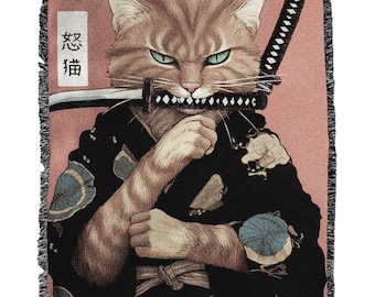 Angry Cat Woven Blanket - Samurai Cat throw Blanket - Japanese Art Woven Blanket