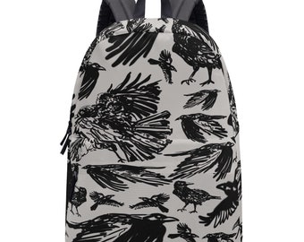 Raven Backpack - Unique Bag - Crow Lover - Hand Drawn - Black and Beige