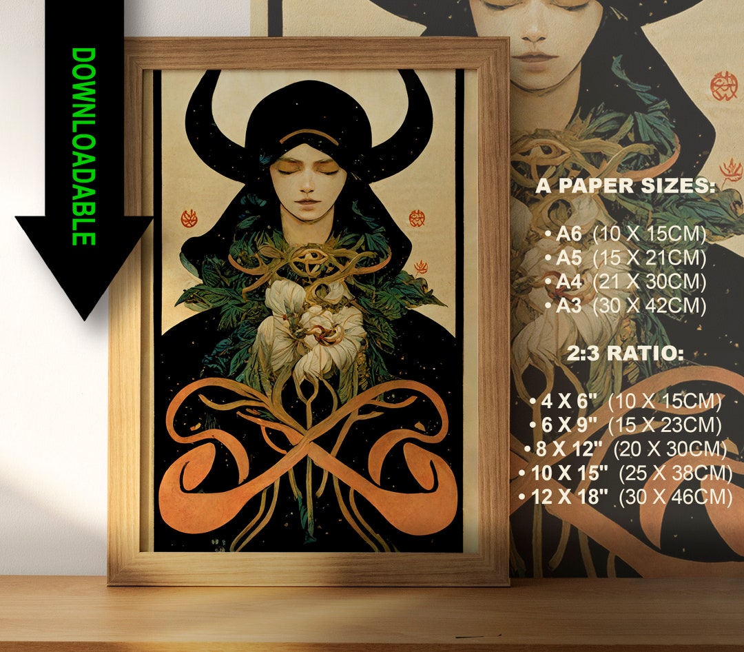 Printable tarot card of The Dark High Priestess, featuring dark aesthetic and mystical symbols