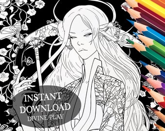 Puede incluir: Ilustración en blanco y negro de una mujer con el pelo largo sosteniendo un bastón. La mujer lleva un kimono japonés tradicional con motivos florales. El fondo es negro con flores blancas.