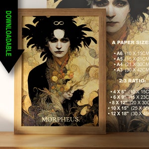 May include: A digital illustration of a man with dark hair and a black outfit, surrounded by flowers and vines. The image has a dark, moody aesthetic and features the word "MORPHEUS." in the bottom left corner.