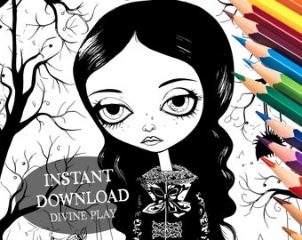 Puede incluir: Ilustración en blanco y negro de una niña con ojos grandes y cabello largo. La niña lleva un vestido con cuello y un diseño de mariposa. El fondo presenta un árbol con ramas y hojas. El texto "INSTANT DOWNLOAD DIVINE PLAY" es visible en la imagen.