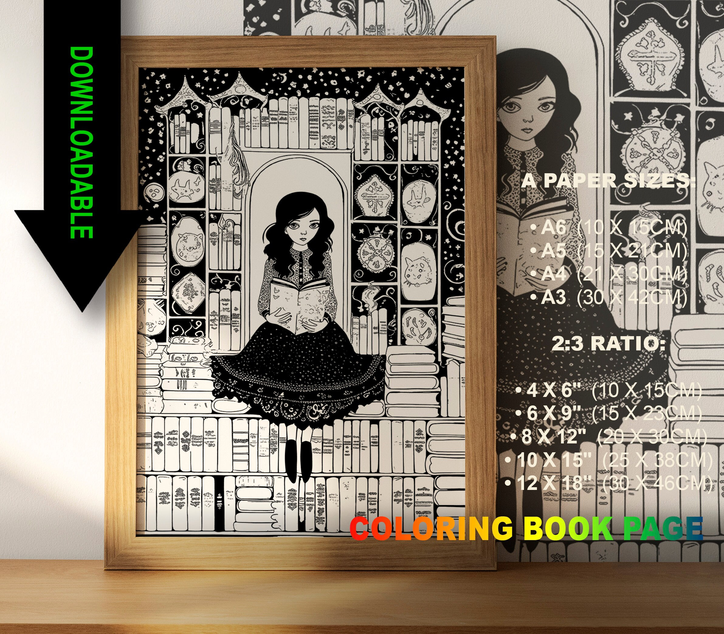 Goth Girl Reading in a Library - Coloring Book Page - Download ...