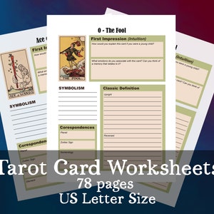 May include: Tarot card worksheets on US Letter size paper. The worksheets include the Ace of Wands and The Fool cards. The text on the worksheets includes "First Impression", "Symbolism", and "Classic Definition". The worksheets are 78 pages.