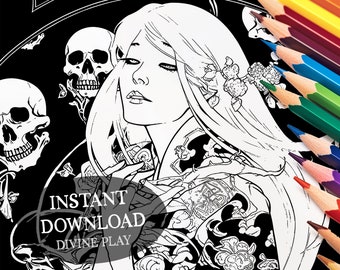 Puede incluir: Página para colorear en blanco y negro con líneas de arte que representan a una mujer con cabello largo y intrincados tatuajes florales. La mujer está rodeada de calaveras y flores. El texto "INSTANT DOWNLOAD DIVINE PLAY" es visible en la imagen.