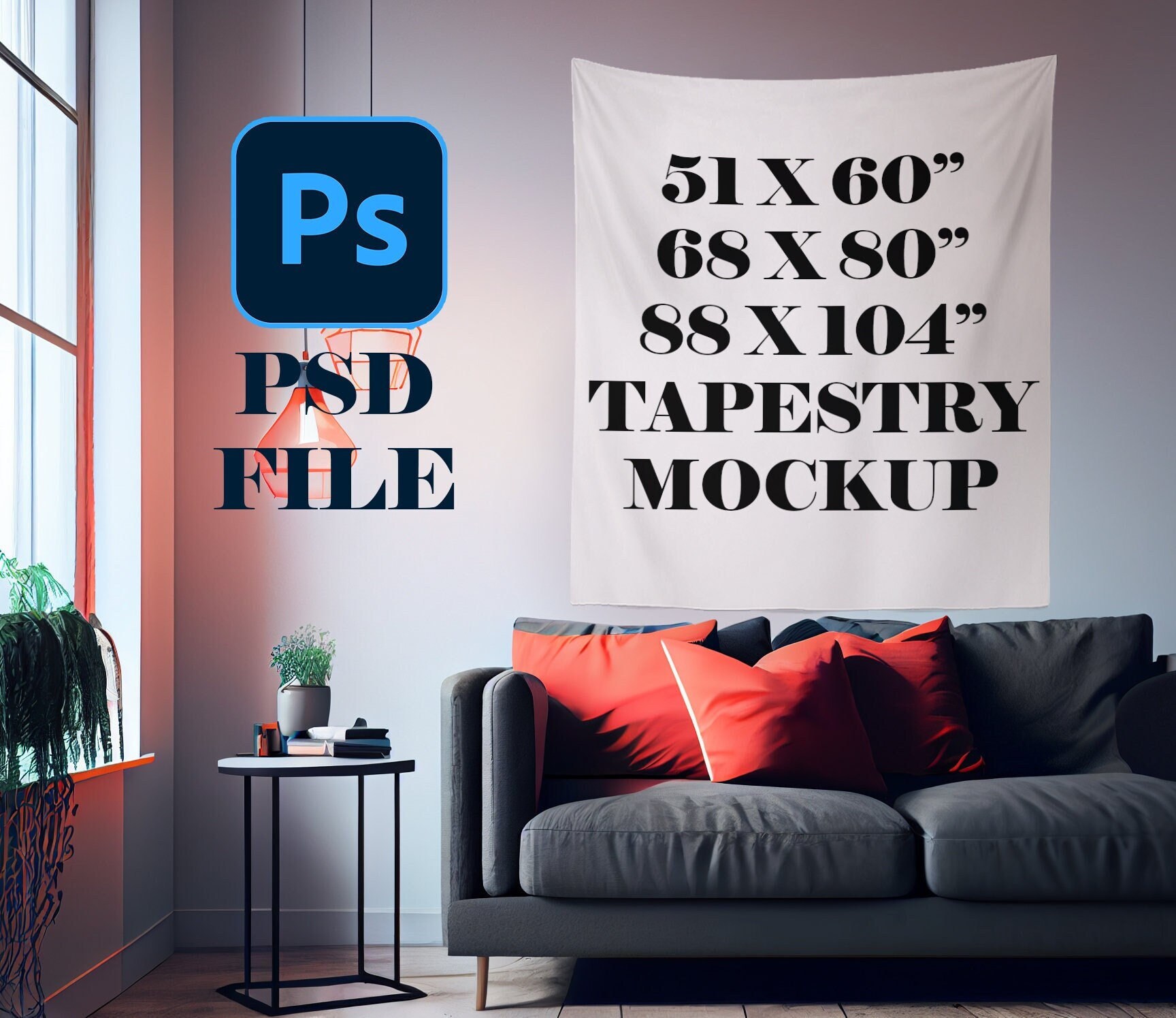 Vertical Tapestry Mockup Downloadable Room Scene PSD Print Mockup