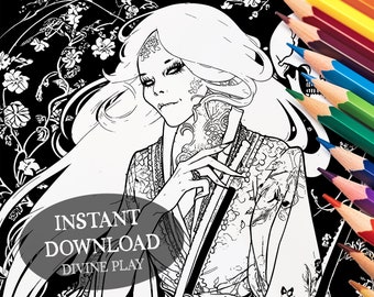 Puede incluir: Ilustración en blanco y negro de una mujer con el pelo largo y suelto, vestida con una túnica estampada y sosteniendo un abanico. El texto "INSTANT DOWNLOAD DIVINE PLAY" está en la parte inferior de la imagen.