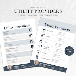 Real Estate Utility Providers Flyer, Real Estate Utility Information Sheet, Utility Recommendations, Real Estate Service Providers List