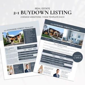 以下が含まれることがあります： 「2-1 Buydown Listing」と「123 Anywhere Street $700,000」のテキストが入った不動産リスティングテンプレート。テンプレートには、物件の詳細と2-1 Buydownプログラムの例を含む2つのデザインバリエーションが含まれています。