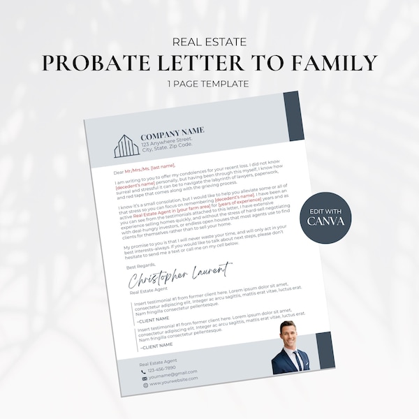 Plantilla de carta de sucesión inmobiliaria, carta de prospección de agentes inmobiliarios, folleto inmobiliario, carta de agente inmobiliario, marketing inmobiliario, planificación patrimonial