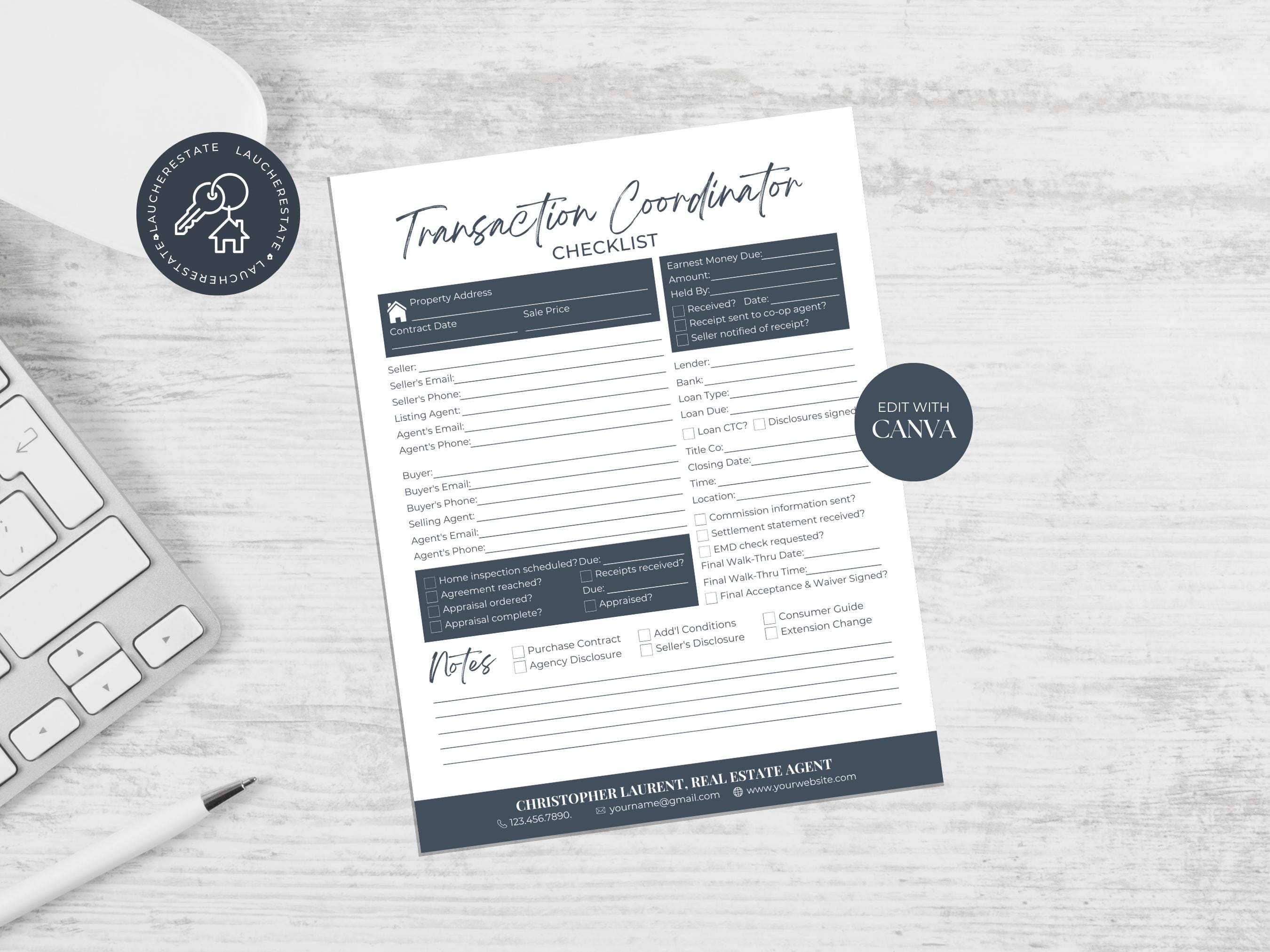 Transaction Coordinator Checklist, Contract to Close Checklist, Real ...