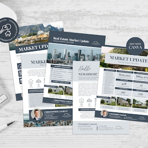 May include: A real estate market update flyer with a blue and gray color scheme. The flyer features a cityscape photo, a photo of a house, and a photo of a waterfall. The flyer includes the text "Hello Neighbor!" and "Market Update".