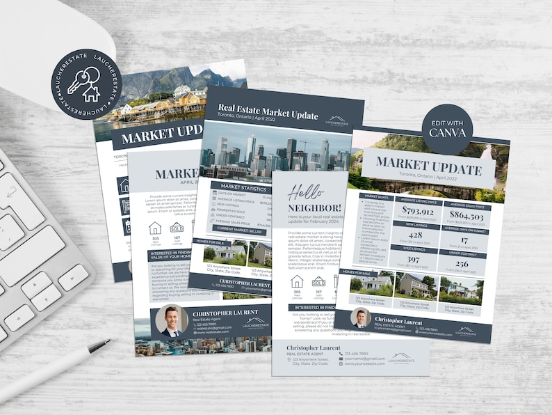 May include: A real estate market update flyer with a blue and gray color scheme. The flyer features a cityscape photo, a photo of a house, and a photo of a waterfall. The flyer includes the text "Hello Neighbor!" and "Market Update".