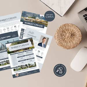 May include: Four different real estate market update flyers with a blue and gray color scheme. The flyers feature a photo of a city skyline, a photo of a neighborhood, and a photo of a person. The flyers also include text about the real estate market, such as the number of homes sold and the average home price.