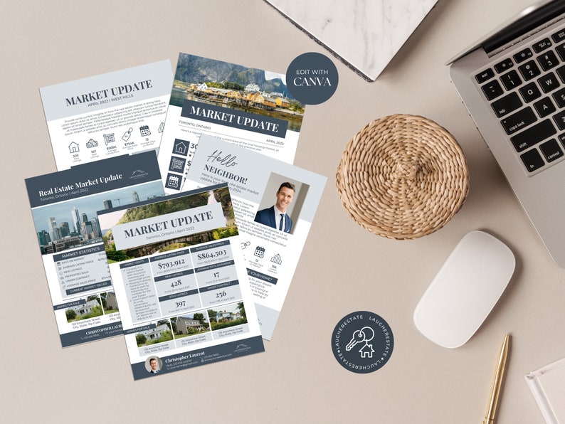 May include: Four different real estate market update flyers with a blue and gray color scheme. The flyers feature a photo of a city skyline, a photo of a neighborhood, and a photo of a person. The flyers also include text about the real estate market, such as the number of homes sold and the average home price.