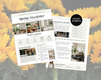 2-Page Spring Real Estate Newsletter, Email Marketing, Realtor Farming Flyer, Printable Seasonal Newsletter Template, Canva