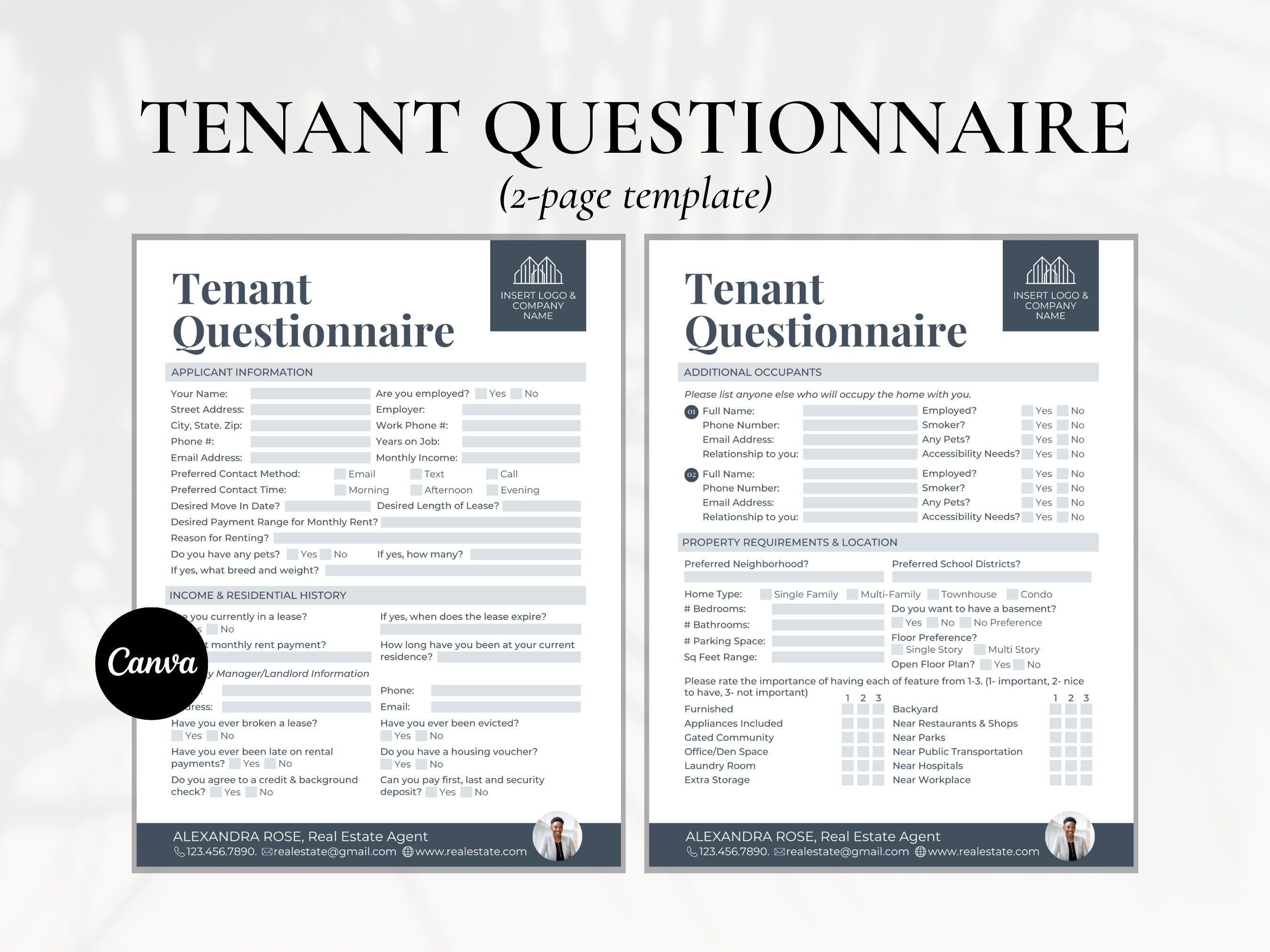 Real Estate Tenant Questionnaire Form Rental Intake Form Etsy