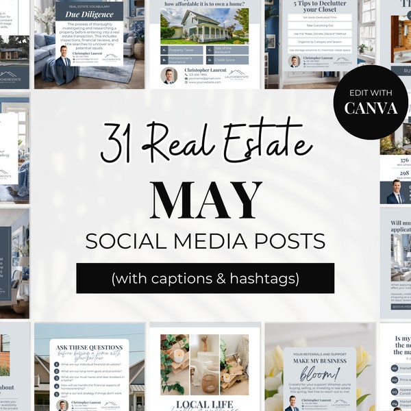 May Real Estate Posts with Captions & Hashtags, Realtor Social Media Content Calendar, Spring Instagram Marketing Graphics, Blue