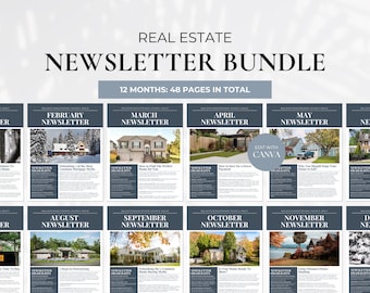 12 Monthly Real Estate Newsletter Bundle, Real Estate Marketing, Real Estate Farming Newsletters, Real Estate Editable Newsletter Template