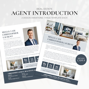 Folletos de presentación para agentes inmobiliarios, folleto para nuevos agentes inmobiliarios, carta de promoción inmobiliaria, plantilla de marketing para agentes inmobiliarios, correo inmobiliario, azul