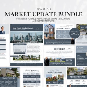 Lot d'informations sur le marché immobilier, statistiques du marché des agents immobiliers, brochure d'information sur le marché, compte Instagram pour agents immobiliers, carte postale de l'immobilier, marketing immobilier