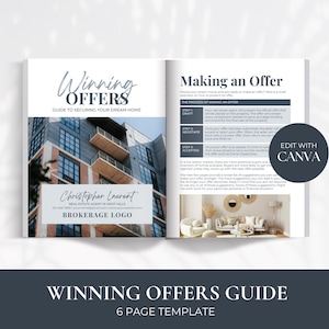 May include: A six-page guide titled "Winning Offers" with a modern design. The guide is for securing a dream home and includes tips on making an offer. The cover features a photo of a modern apartment building and a real estate agent's logo. The guide is editable with Canva.