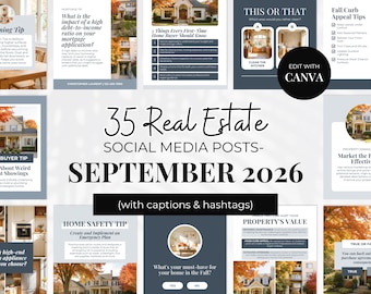 September Real Estate Social Media Templates for Realtors | Fall Market Instagram Posts | Canva Editable Marketing Bundle | Blue Theme