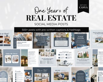 12 Month Real Estate Social Media Posts Bundle, Realtor Monthly Instagram Post, Real Estate Posts and Captions, Agent Content Calendar, Blue