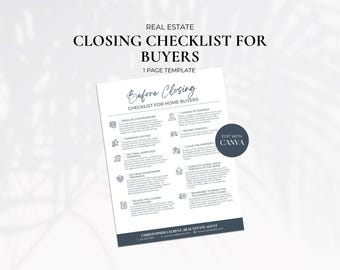 Closing Checklist for Buyers, Real Estate Closing Checklist Template, Mortgage Closing Checklist, Final Walkthrough, Realtor Marketing