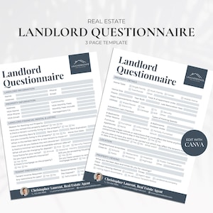 Real Estate Landlord Questionnaire, Landlord Forms, Rental Questionnaire Handout, Realtor Lead Intake Sheet, Realtor Marketing Template