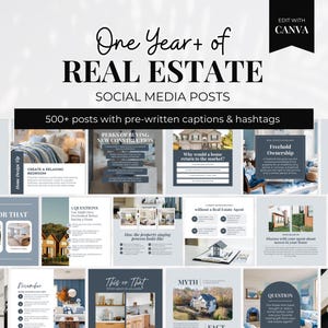 Pacchetto di post immobiliari per i social media (12 mesi), post Instagram mensile per agenti immobiliari, post e didascalie immobiliari, calendario dei contenuti per agenti, blu