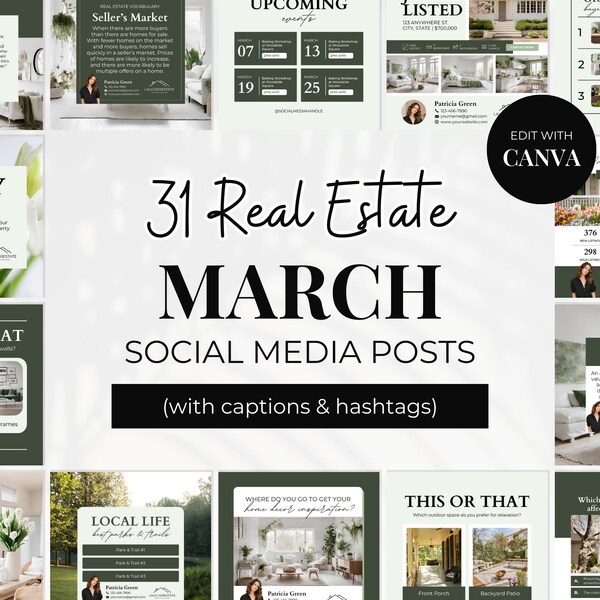 31 March Real Estate Posts with Captions & Hashtags, Realtor Instagram Template, Realtor Marketing Graphics, Social Media Content, Green