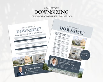May include: Two gray and white printable real estate flyers with the text "Are you looking to downsize?" and "Here are 5 reasons why you should!"  The flyers feature images of houses and a desk with a laptop. The flyers are designed to be edited with Canva.
