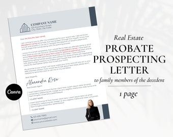 Real Estate Probate Letter Template, Realtor Prospecting Letter, Real Estate Flyer, Realtor Letter, Real Estate Marketing, Estate Planning