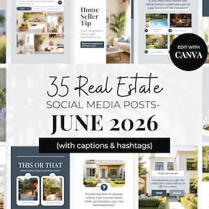 May include: A promotional graphic for real estate social media posts. The text reads "35 Real Estate Social Media Posts - June 2026" with the phrase "(with captions & hashtags)". The image includes various real estate tips and design elements.