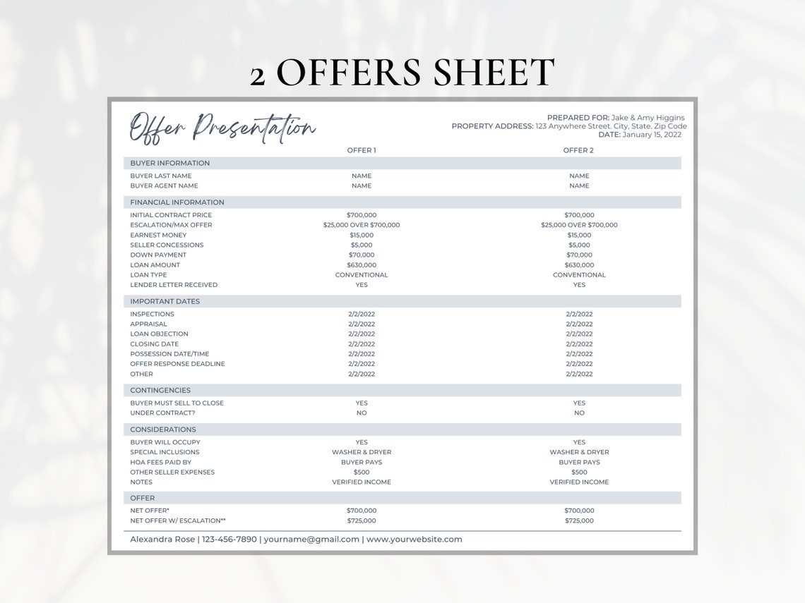 Multiple Offer Sheet Real Estate Offer Summary Sheet Realtor - Etsy