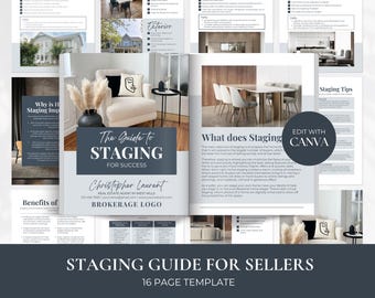 May include: A 16-page guide for sellers on home staging, featuring a light gray and dark gray color scheme. The cover features a living room with a white couch, a throw pillow with a black and white abstract design, and a vase with dried pampas grass. The title of the guide is "The Guide to Staging for Success" and the author is Christopher Laurent, Real Estate Agent in West Hills. The text "Edit with Canva" is in the upper right corner of the cover.