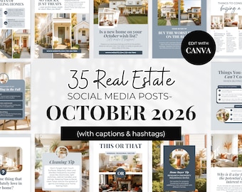 October Real Estate Social Media Templates for Realtors | Fall Market Instagram Posts | Canva Editable Marketing Bundle | Blue Theme