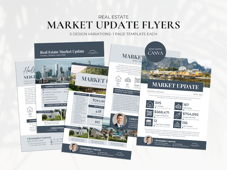 May include: Five different real estate market update flyers with a blue and gray color scheme. Each flyer features a cityscape or landscape image, market statistics, and contact information for a real estate agent. The flyers are designed to be edited with Canva.
