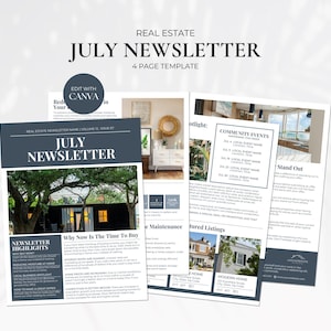 Boletín de noticias de bienes raíces de julio, plantilla de boletín de noticias de julio, marketing inmobiliario, boletín de noticias de agentes inmobiliarios, boletín de marketing de verano
