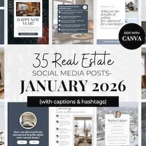May include: A collection of 35 real estate social media posts for January 2026, with captions and hashtags. The image includes various design tips, home maintenance advice, and market updates. The text "Happy New Year!" is also visible.