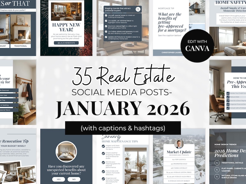 January 2026 Real Estate Social Media Templates | Blue Winter Realtor ...